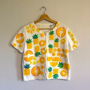Michael Simon Fruit Appliqué knit Sweater Cardigan top colorful pineapple size M
